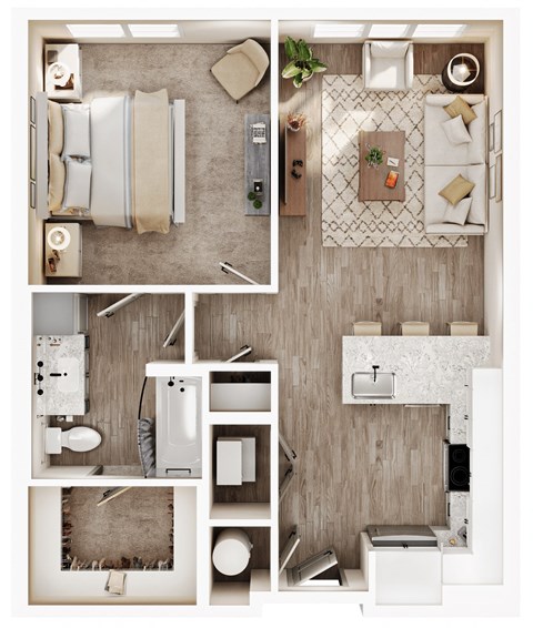 a 3d drawing of a bedroom with a bathroom and a living room